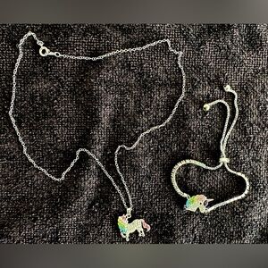 Rainbow Unicorn Rhinestone Necklace & Adjustable Bracelet Set – Silver Jewelry